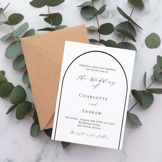 Witte zwarte boog modern script bruiloft kaart
