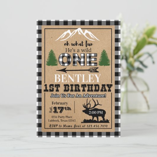 Witte zwarte Buffalo Plaid Moose Verjaardag Uitnod Kaart (Staand voorkant)