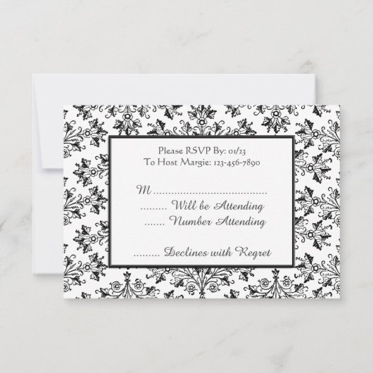 witte zwarte Damask Editable RSVP-kaarten Kaart (Achterkant)