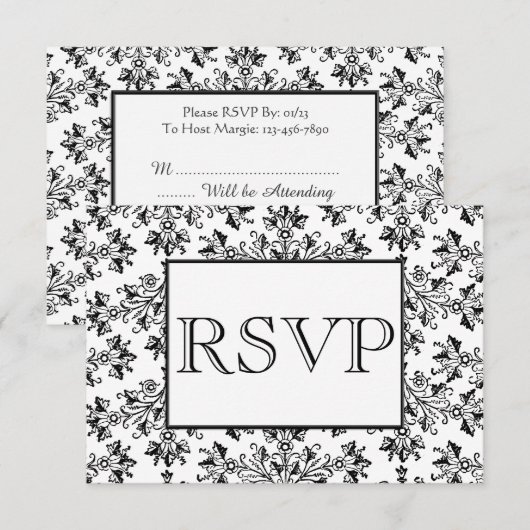 witte zwarte Damask Editable RSVP-kaarten Kaart (Voorkant / Achterkant)