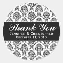 Witte & Zwarte Damast Ronde Huwelijksetiketten