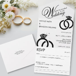 Witte & Zwarte Diamanten Ring Bruiloft All In One Uitnodiging