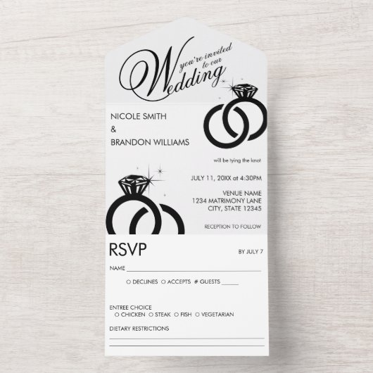 Witte & Zwarte Diamanten Ring Bruiloft All In One Uitnodiging (Binnen)