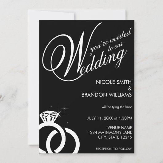 Witte & Zwarte Diamanten Ring Bruiloft Kaart (Voorkant)