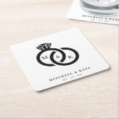 Witte & Zwarte Diamanten Ring Monogram Bruiloft Kartonnen Onderzetters (Schuin)