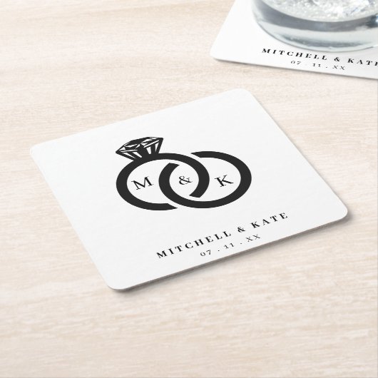 Witte & Zwarte Diamanten Ring Monogram Bruiloft Kartonnen Onderzetters (Schuin)