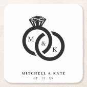 Witte & Zwarte Diamanten Ring Monogram Bruiloft Kartonnen Onderzetters (Voorkant)