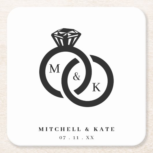 Witte & Zwarte Diamanten Ring Monogram Bruiloft Kartonnen Onderzetters (Voorkant)