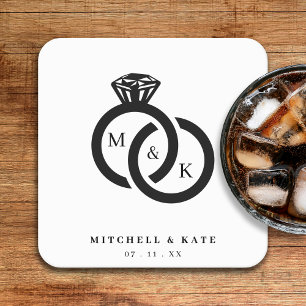 Witte & Zwarte Diamanten Ring Monogram Bruiloft Kartonnen Onderzetters