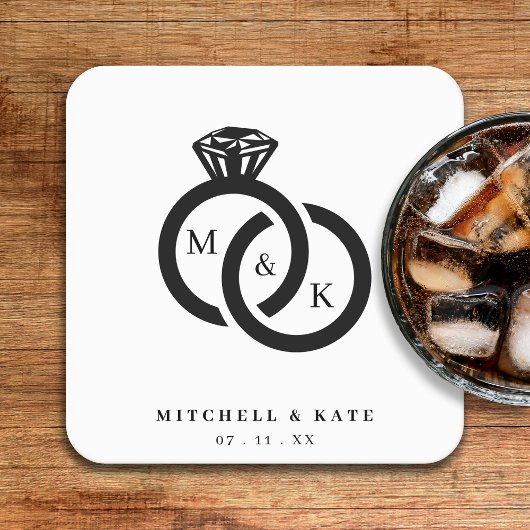 Witte & Zwarte Diamanten Ring Monogram Bruiloft Kartonnen Onderzetters