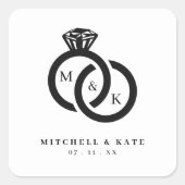 Witte & Zwarte Diamanten Ring Monogram Bruiloft Vierkante Sticker (Voorkant)
