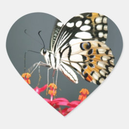Witte zwarte en gele vlinder op roze bloemen hart sticker