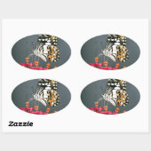 Witte zwarte en gele vlinder op roze bloemen ovale sticker (Vel)