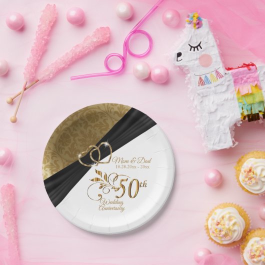 Witte, zwarte en gouden 50e Golden Jubileum Papieren Bordje (Feest)