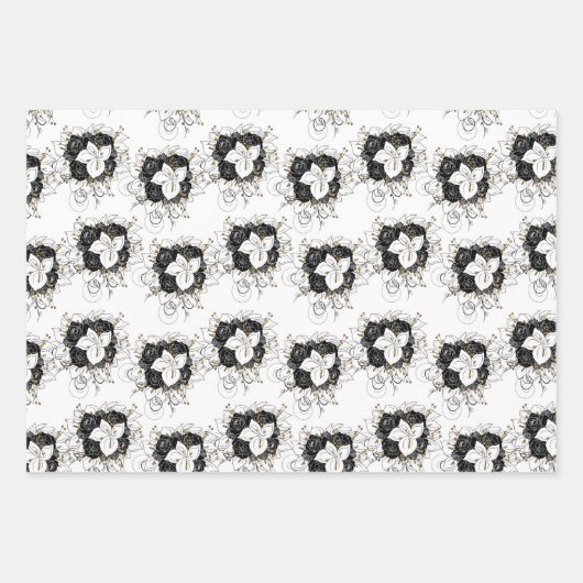 Witte, zwarte en gouden bloem inpakpapier vel (Voorkant 2)