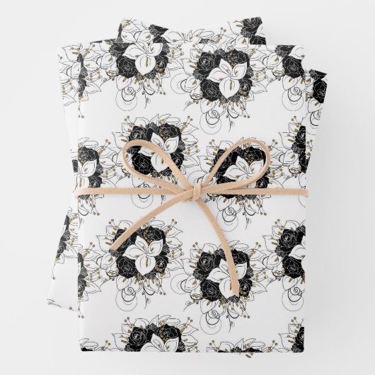 Witte, zwarte en gouden bloem inpakpapier vel (In situ)