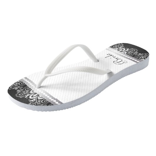 Witte, zwarte en zilveren kant | huwelijksfeest teenslippers (Schuin)