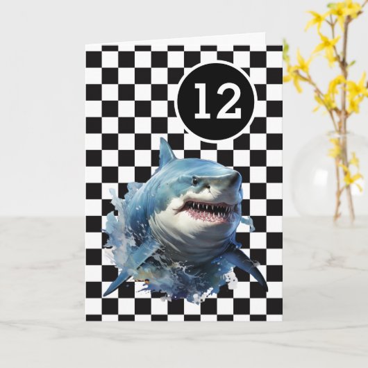 Witte zwarte geruite haai 12e verjaardag kaart (Gele Bloem)