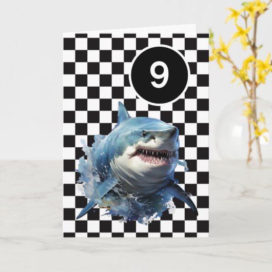 Witte zwarte geruite haai 9e verjaardag kaart (Gele Bloem)