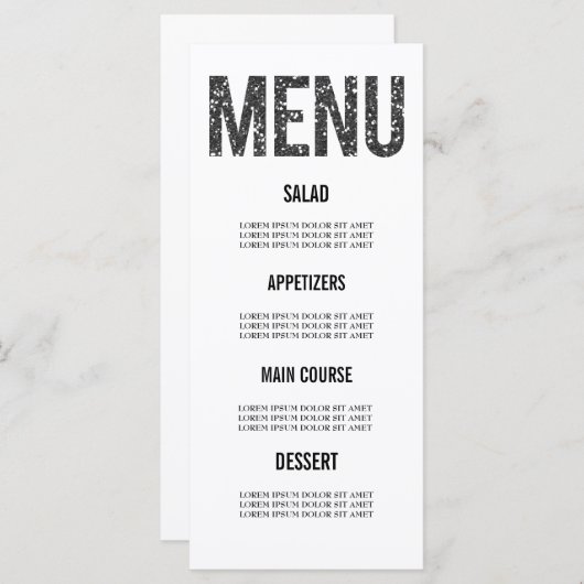 Witte & Zwarte Glitter Typografie Wedding Menu Kaa (Voorkant / Achterkant)