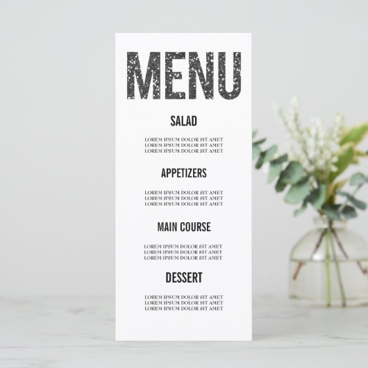 Witte & Zwarte Glitter Typografie Wedding Menu Kaa (Staand voorkant)