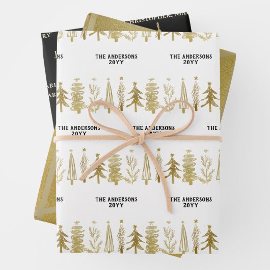 Witte zwarte goudfamilie kerstboom Stripe Bell Inpakpapier Vel (In situ)
