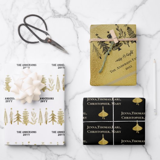 Witte zwarte goudfamilie kerstboom Stripe Bell Inpakpapier Vel (Voorkant)