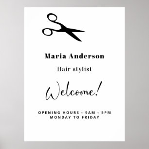 Witte zwarte haarstylist openingstijden welkom poster