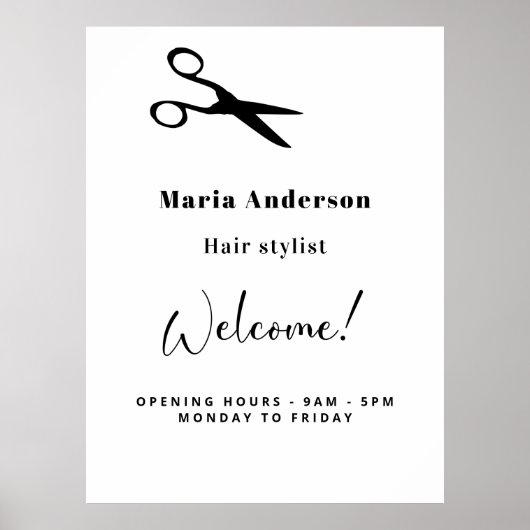 Witte zwarte haarstylist openingstijden welkom poster (Voorkant)