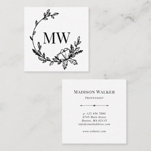 Witte & Zwarte Hand getrokken krans Monogram Vierk Vierkante Visitekaartje (Voorkant / Achterkant)