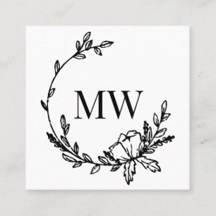 Witte & Zwarte Hand getrokken krans Monogram Vierk Vierkante Visitekaartje