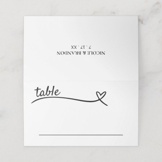 Witte & Zwarte Hart Bruiloft Plaatskaartje (Buitenkant ongevouwen)