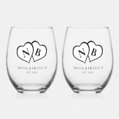 Witte & Zwarte Hart Monogram Bruiloft Wijnglas Zonder Voet (Voorkant)