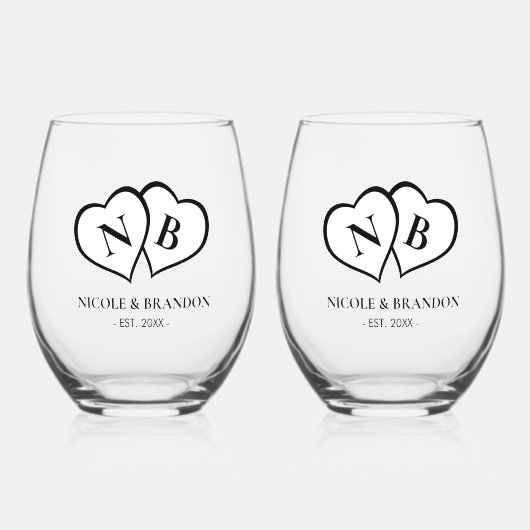 Witte & Zwarte Hart Monogram Bruiloft Wijnglas Zonder Voet (Voorkant)