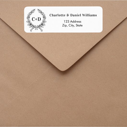 Witte zwarte initialen krans bruiloft retour adres etiket