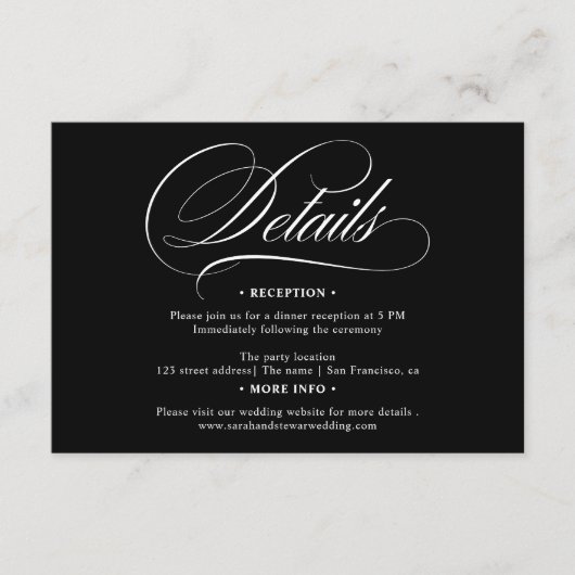Witte zwarte kalligrafie chique details bruiloft informatiekaartje (Voorkant)