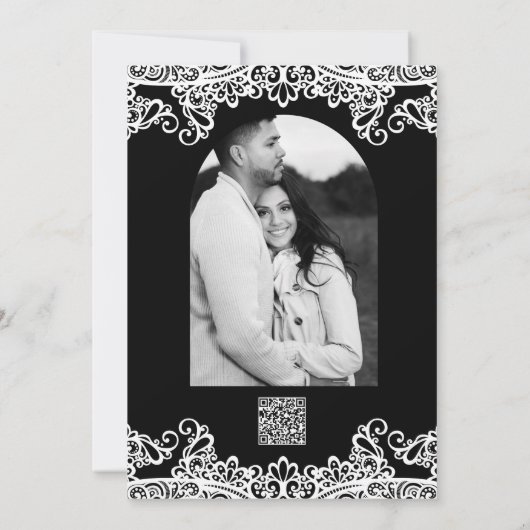 Witte & zwarte kant Elegante Chic bruiloft Kaart (Achterkant)