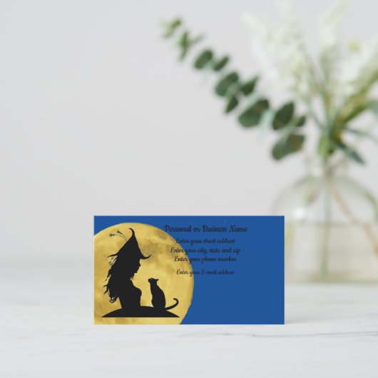 Witte zwarte kat silhouette fullmoon visitekaartje (Staand voorkant)