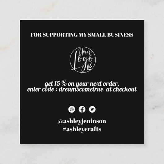 Witte zwarte koele retro script orde dank u vierkante visitekaartje (Achterkant)