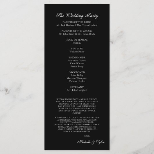 Witte & Zwarte kroonluchter huwelijksprogramma Programmakaart (Achterkant)