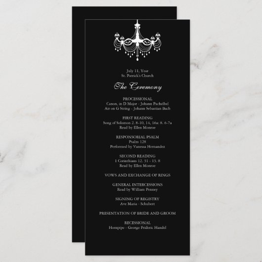Witte & Zwarte kroonluchter huwelijksprogramma Programmakaart (Voorkant / Achterkant)