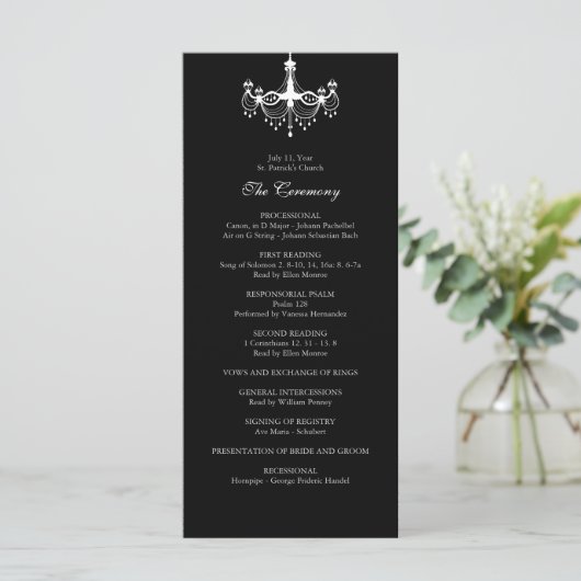 Witte & Zwarte kroonluchter huwelijksprogramma Programmakaart (Staand voorkant)