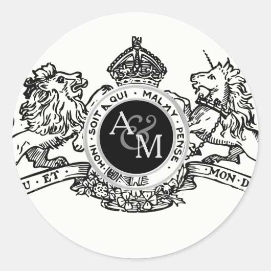 Witte Zwarte Leeuw Eenhoorn Kroon bruiloft embleem Ronde Sticker (Voorkant)