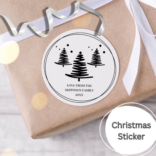 Witte zwarte minimalistische kerstbomen ronde sticker