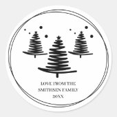 Witte zwarte minimalistische kerstbomen ronde sticker (Voorkant)
