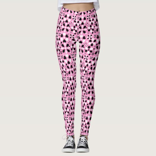 Witte zwarte rode bloemen leggings (Voorkant)