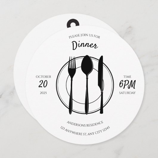 Witte zwarte ronde diner uitnodiging (Voorkant / Achterkant)