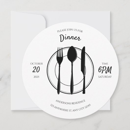 Witte Zwarte Ronde Uitnodiging voor het Diner (Voorkant)