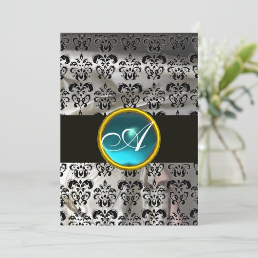 WITTE ZWARTE SILK DAMASK BLAUWGROEN BLUE GEM MONOG KAART (Staand voorkant)