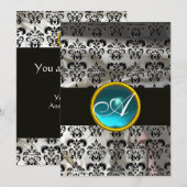 WITTE ZWARTE SILK DAMASK BLAUWGROEN BLUE GEM MONOG KAART (Voorkant / Achterkant)